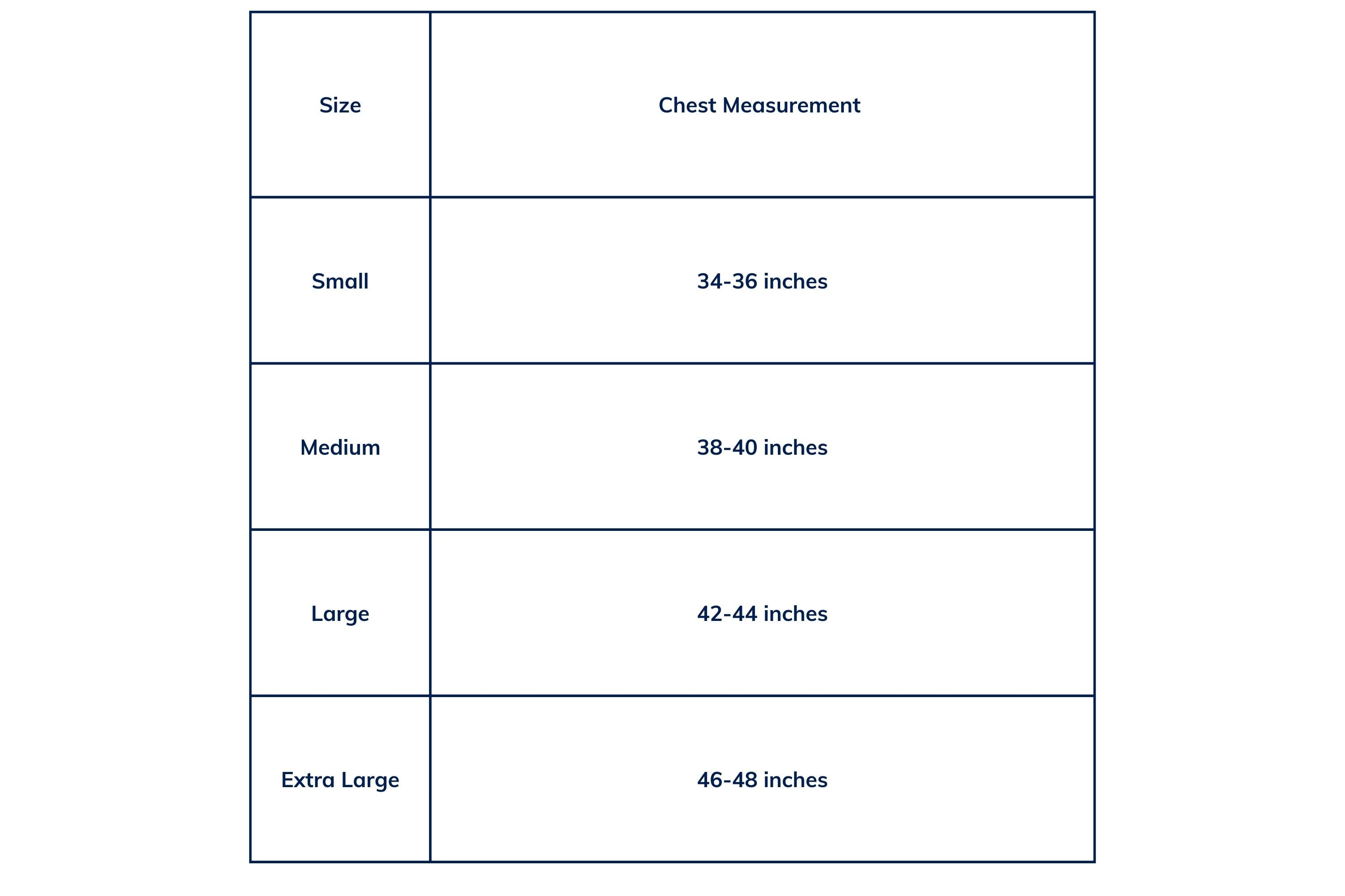 Size chart showing sizes for the shoulder it for shoulder recovery surgery size chest measurement for each size small: 34-36 inches, medium 38-40 inches, large 42-44 inches, extra large 46-48